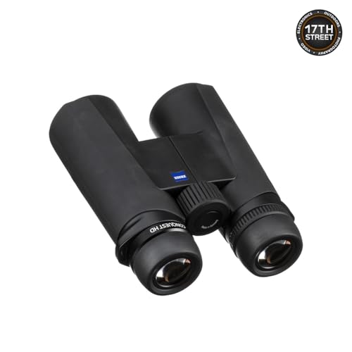 ZEISS 10x42 Conquest HD Binoculars Bundle Set for Bird Watching with Harness Strap, Camo Hat, Cleaning Cloth, Lens Wipes, and Floating Strap Black/Yellow