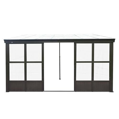 ANTSKU 12x14FT Outdoor Permanent Wall Mounted Sunroom with Detachable Polycarbonate Windows, Aluminum Gazebo, Dark Brown