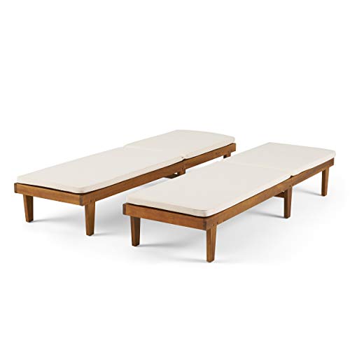 Christopher Knight Home Madge Outdoor Chaise Lounge with Cushion Set of 2 Teak Finish Cream