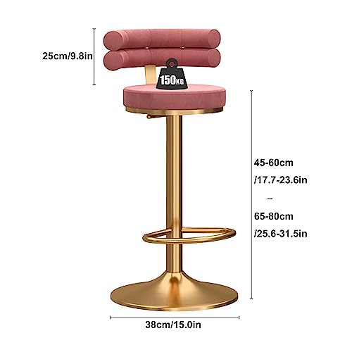 IPSU 360° Swivel Bar Stools Set of 4 Pink Velvet Adjustable Counter Height with Backrest and Footrest