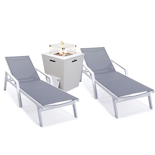 LeisureMod Marlin Modern Outdoor Chaise Lounge Chair Set with Fire Pit Table Dark Grey