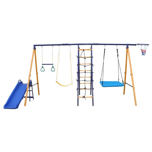 AOKUNG 7-in-1 Heavy-Duty Metal Swing Set with Slide & Climbing Net Blue