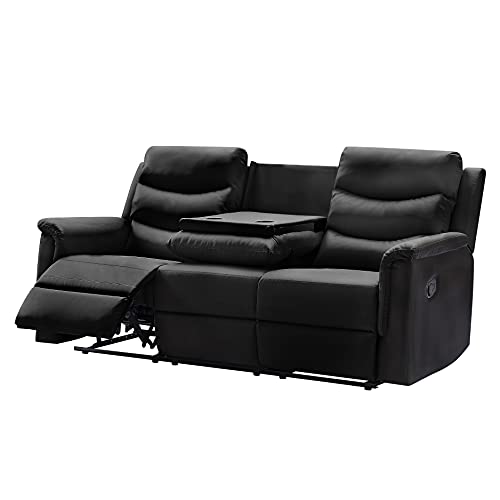 Eafurn Black Faux Leather Recliner Loveseat Sofa with Console 78.74