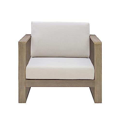 Linon Silas Natural Eucalyptus Outdoor Chair with Beige Cushions