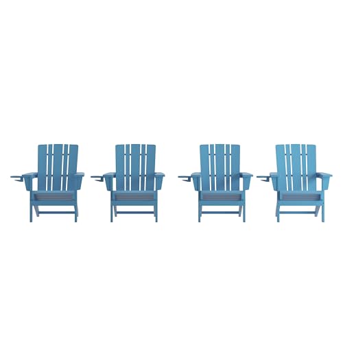 BizChair Adirondack Chairs Set of 4 with Cup Holders, Weather Resistant Poly Resin Blue