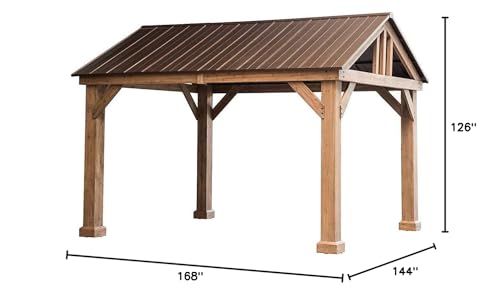 Sunjoy Coen L-GZ1171PWD-B Hudson Cedar Wood Pavilion with Hardtop Gazebo 14'x12' Natural/Brown