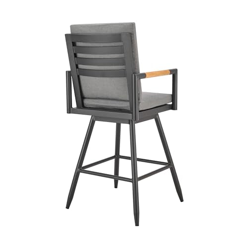 Armen Living Crown Outdoor Patio Swivel Bar Stool Black Aluminum with Wood Accent Dark Gray