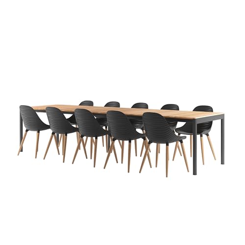 Brampton Kiribati Rectangular Outdoor Dining Set for 11, Teak & Aluminum, Black