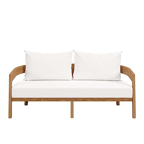 Modway Brisbane Modern Teak Wood Fabric Patio Loveseat Natural White