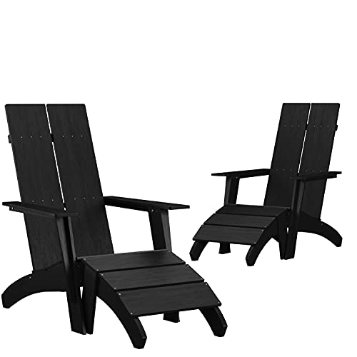 Flash Furniture Set of 2 Sawyer Adirondack Chairs with Footrests Black
