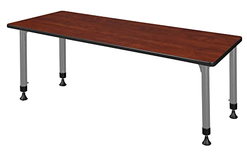 Romig Adjustable Classroom Table Cherry with 2 Navy Blue Stack Chairs