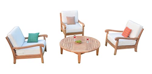 WholesaleTeak Napa 4 Pc Lounge Chair Set with Cushions and 46" Sack Round Coffee Table Canvas White