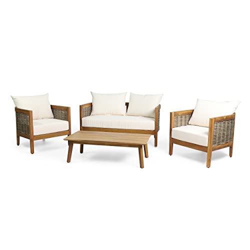 Christopher Knight Home Burchett Outdoor 4pc Chat Set Acacia Wood Wicker Teak Finish Mixed Brown Beige