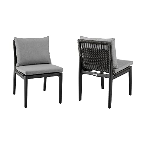 Armen Living Cayman Outdoor Patio Dining Chairs Set of 2 Aluminum with Dark Grey Cushions