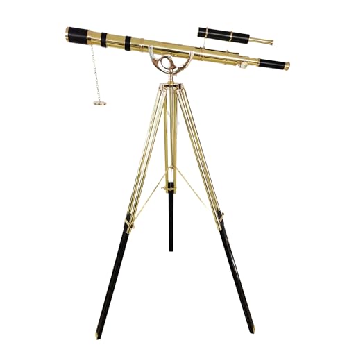 NAVIROCK Royal Vintage Double Barrel Brass Telescope with Black Leather & Adjustable Wooden Tripod Shiny Brass