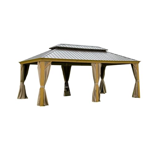 LOPOO Hardtop Gazebo with Curtains & Netting - Aluminum Frame Pavilion with Steel Double Roof Canopy for Patio, Backyard, Lawn - Yellow Brown 12ft x 20ft