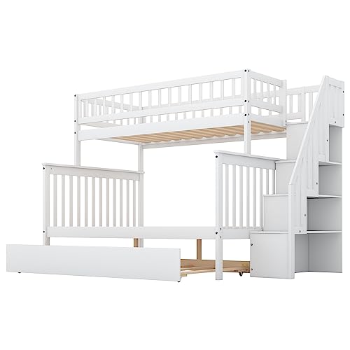 BOVZA Wooden Twin Over Full Bunk Bed with Trundle & Storage Staircase White