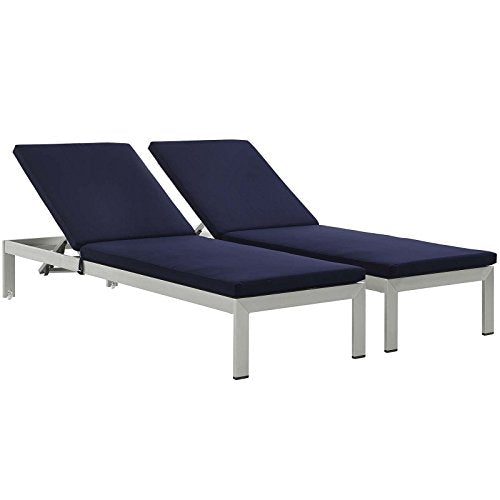 Modway Shore Aluminum Outdoor Patio Chaise Lounge Chairs with Cushions Silver Navy