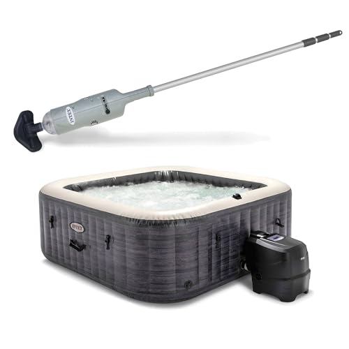 Intex Rechargeable Handheld Pool Vacuum Cleaner with 2 Brush Heads and PureSpa Plus 6 Person Inflatable Square Hot Tub with 170 AirJets Gray