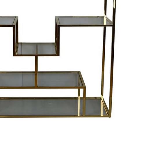 Benzara Adena 75 Inch Tall Plant Stand Geometric Metal Shelves Gold