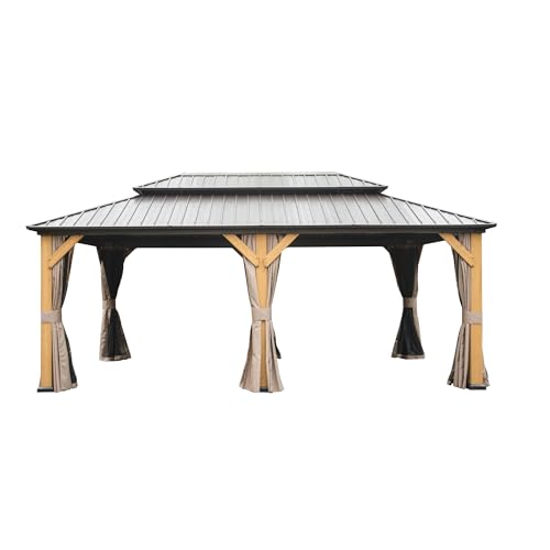 LOPOO Hardtop Gazebo Outdoor Cedar Wood Frame Canopy with Curtain & Netting Brown