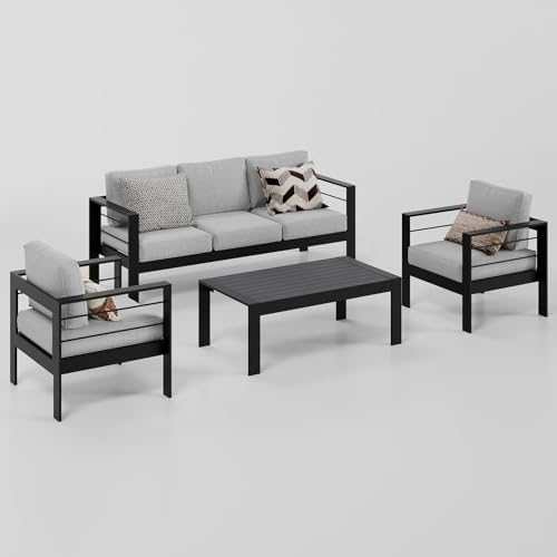 Wisteria Lane Aluminum Outdoor Patio Furniture Set, 5-Seater Sectional Sofa with Coffee Table, Black Frame and Light Grey Cushions