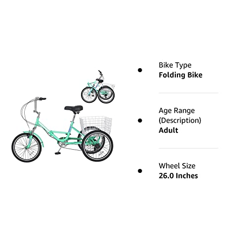 LILYPELLE Adult Folding Tricycle 7 Speed 26 inch Light Green