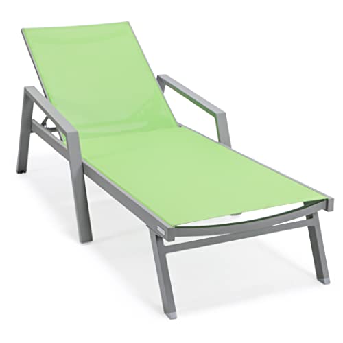 LeisureMod Marlin Modern Green Outdoor Chaise Lounge Chair Set with Fire Pit Table