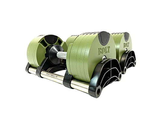 Bolt Fitness Supply x NÜOBELL Adjustable Dumbbell 5-50LB (Pair) Green Silver. Full Body Workout Home Gym.