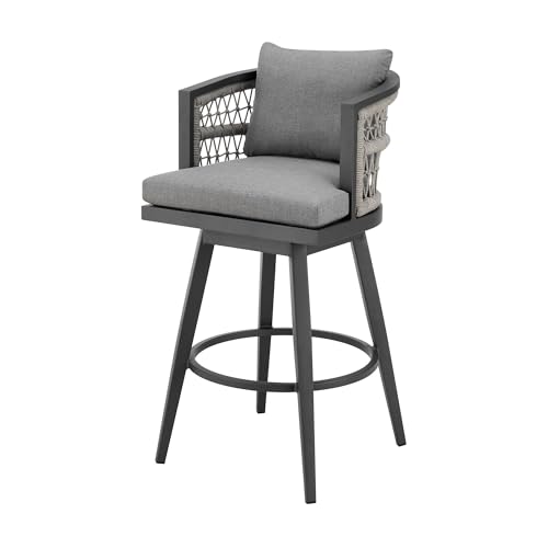 HomeRoots 37" Gray Metal Swivel Outdoor Counter Height Bar Chair with Footrest Grey