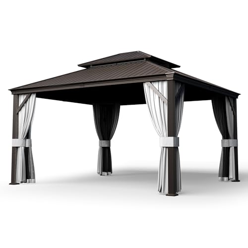 Pamapic 12'x14' Hardtop Gazebo with Double Roof, Netting & Curtains, Brown