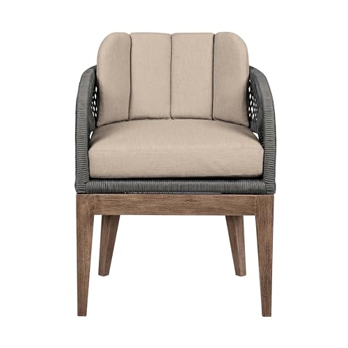 Benzara Kimi 23 Inch Outdoor Patio Dining Chair with Olefin Cushions Woven Rope Brown Gray Taupe
