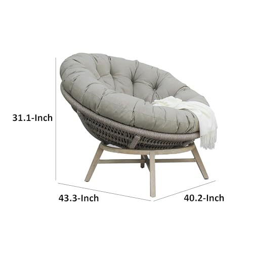 Benzara 43 Inch Outdoor Lounge Chair Acacia Wood Rope Frame Gray Beige Brown