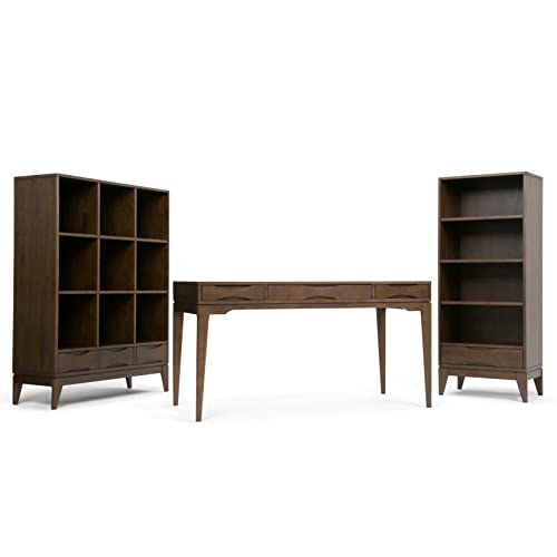 SIMPLIHOME Harper Solid Hardwood Mid Century Modern Cube Storage Bookcase with Drawers Walnut Brown