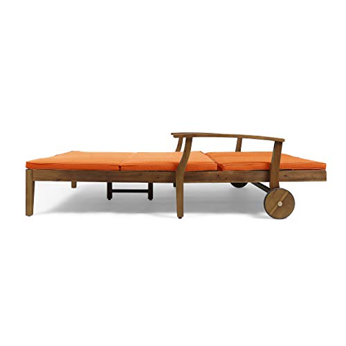 Great Deal Furniture GDFStudio Double Chaise Lounge Acacia Wood Teak Finish Orange Cushions