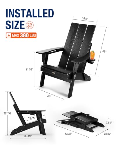 POWERWOOD Oversized HDPE Folding Adirondack Chairs Set of 4 with Cup Holder Black