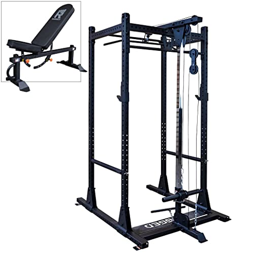 Rugged Strength & Fitness Power Rack with Lat Attachment & Heavy Duty Flat-Incline Bench Black