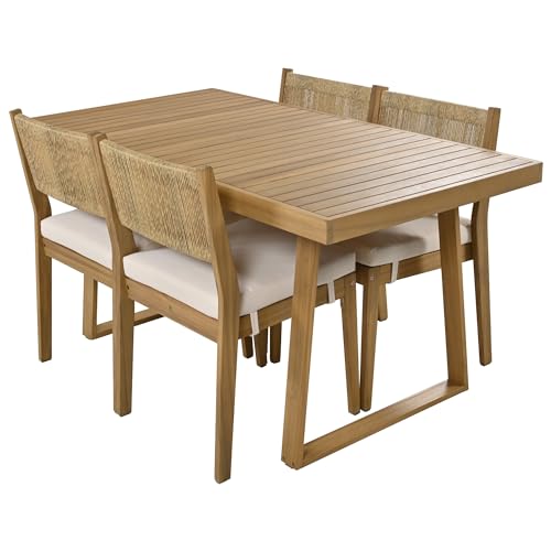 Merax Wood Outdoor Dining Table Set for 4 with Beige Cushions
