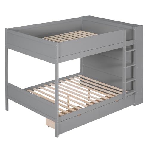 Acosure Full Over Full Bunk Bed with Storage Drawers and Cabinet Grey