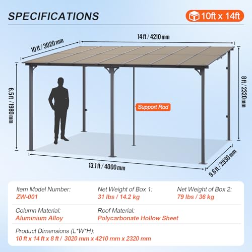 VEVOR Lean to Gazebo 10' x 14' Aluminum Frame Gray