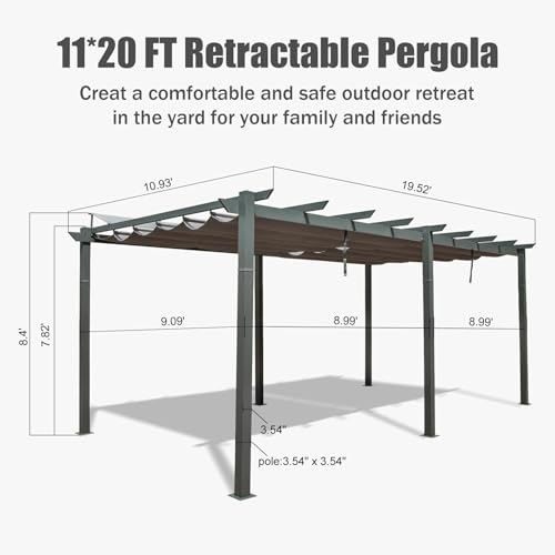 ANTSKU 11x20 FT Outdoor Pergola with Retractable Canopy Dark Grey