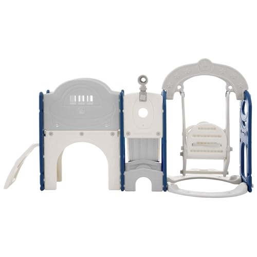 KOZYSFLER 8-in-1 Toddler Slide and Swing Set with Basketball Hoop Grey/Blue/White