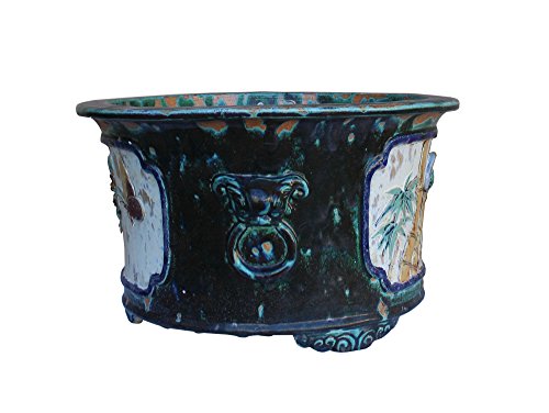 Orientliving Chinese Ceramic Dimensional Flower Butterfly Round Planter Green