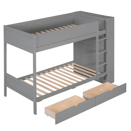 KTATK Twin Over Twin Bunk Bed with Storage Drawers and Cabinet Gray