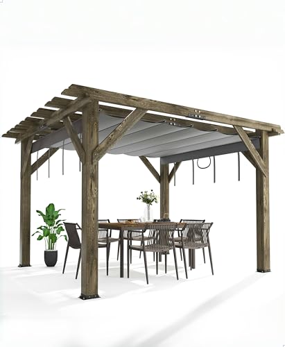 Perbyste 10' x 12' Outdoor Wood Pergola with Retractable Shade Canopy Charcoal Gray
