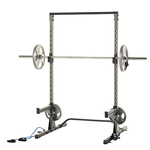 Fitness Reality Squat Rack Power Cage with J-Hooks, Landmine 360° Swivel, Weight Plate Storage Attachment and Power Band Pegs Gray