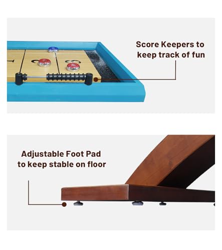 Beneouya Shuffleboard Table Curved Base Blue Top with 8 Pucks