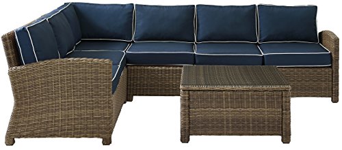 Crosley Furniture Bradenton 5-Piece Outdoor Sectional Sofa Set Brown with Navy Cushions