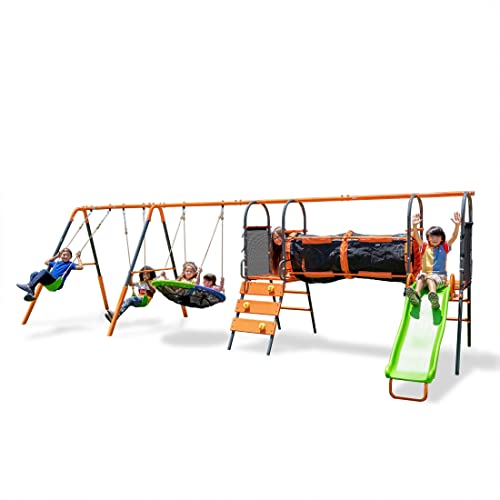 Jungle Warrior Anaconda Metal Swing Set with Saucer & Sling Swings, Rock Wall, 5ft Slide Orange/Green/Grey