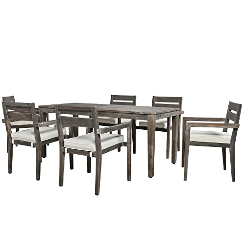 LOUHME 7-Piece Outdoor Patio Dining Table Set with Acacia Wood Table & Chairs Grey